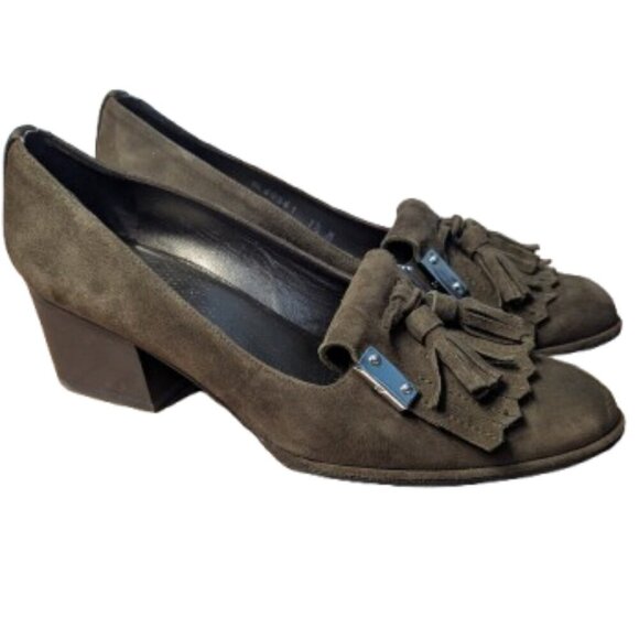 Stuart Weitzman Suede Tassel Heels | Olive Green | Loafer Style - Picture 1 of 11